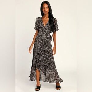 Lulu's Good Moments Black Floral Print Swiss Dot Faux-Wrap Dress